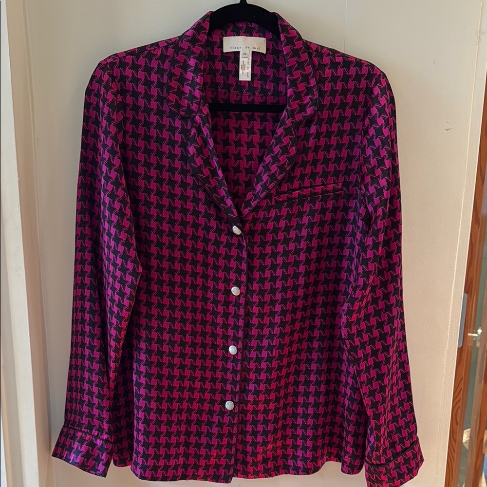 FLEUR DU MAL 100% silk houndstooth print fuchsia blouse snap front M